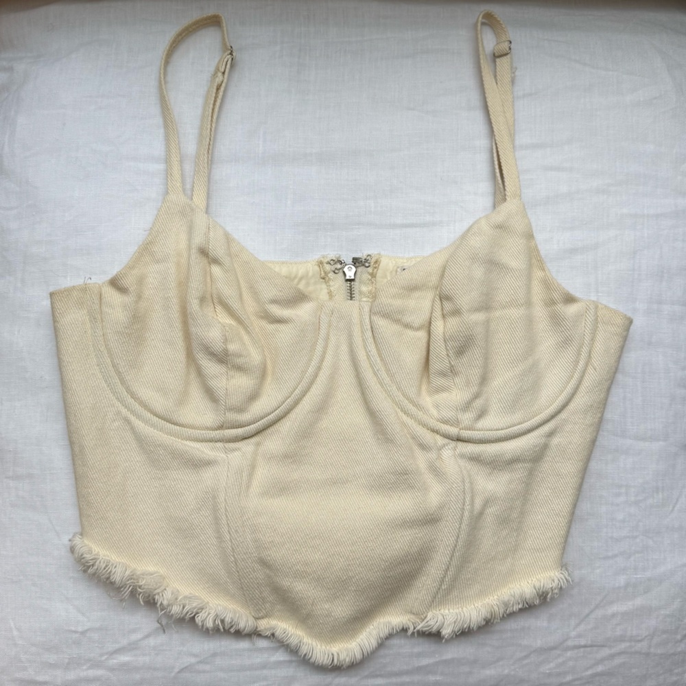 Cream Denim Cropped Bustier Tank with Frayed Hem